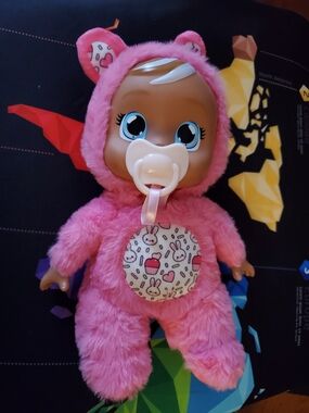 Pink Hooded Plush Baby Doll with Tears and A Pacifier